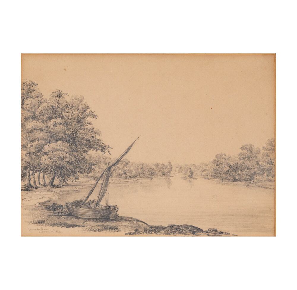 English School View on the Thames from Petersham Meadows, Antique Framed Drawing